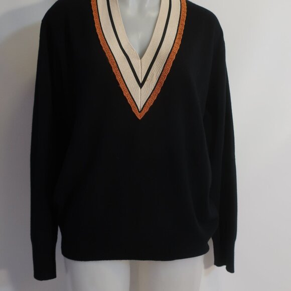 Women Sandro Paris Colle Black Striped Deep V-Neck Wool Cashmere Sweater 4 US/XL - Picture 6 of 11